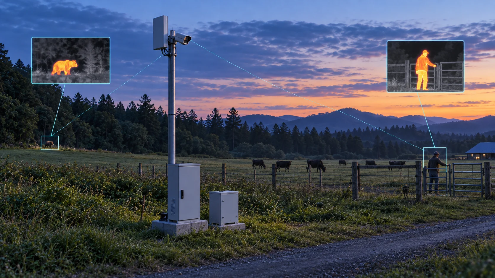 Thermal cameras monitoring a bear and a person near fields and pasture
